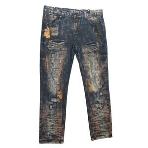 Kroix Mens Distressed Blue Purple Gold Wash Designer Denim Jeans